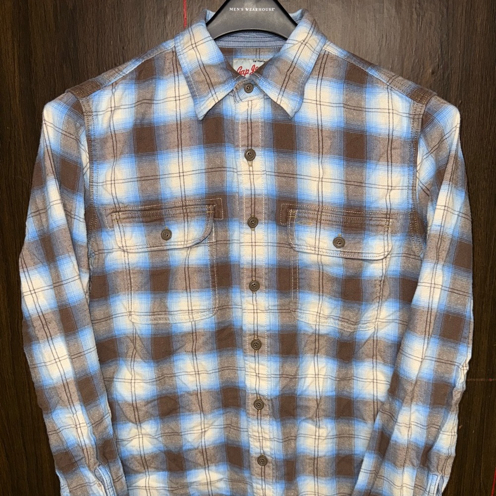 GAP Men's Blue and Brown Plaid Casual Button Down Shirt
